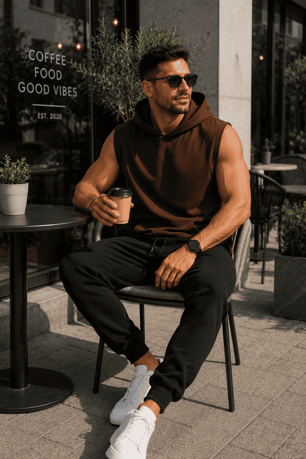 Model prezentuje brązowy T-shirt bez rękawów z kapturem DANNY w kawiarnie