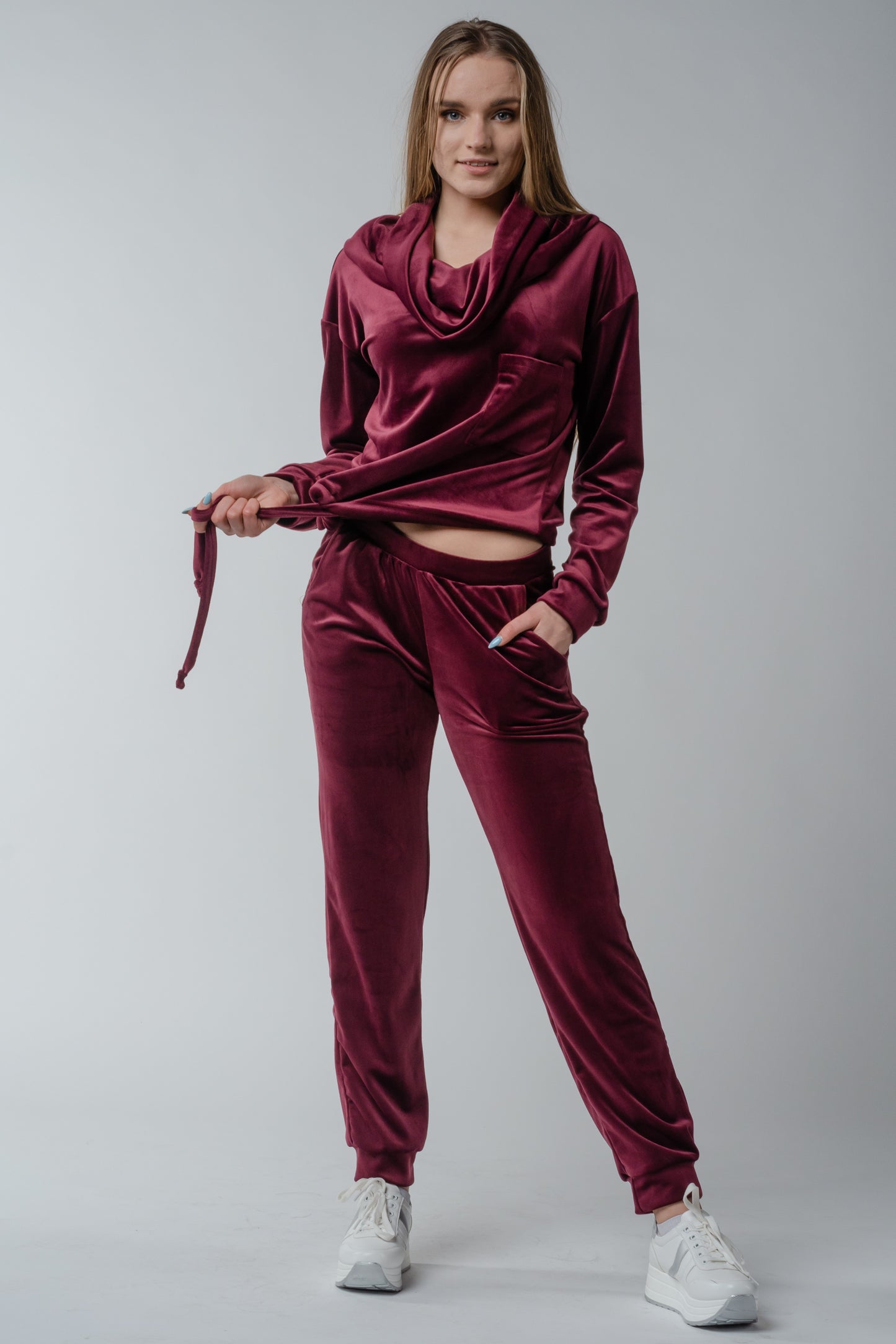 Dres welurowy damski komplet bluza opuszczany na ramionach + spodnie bordowy S54