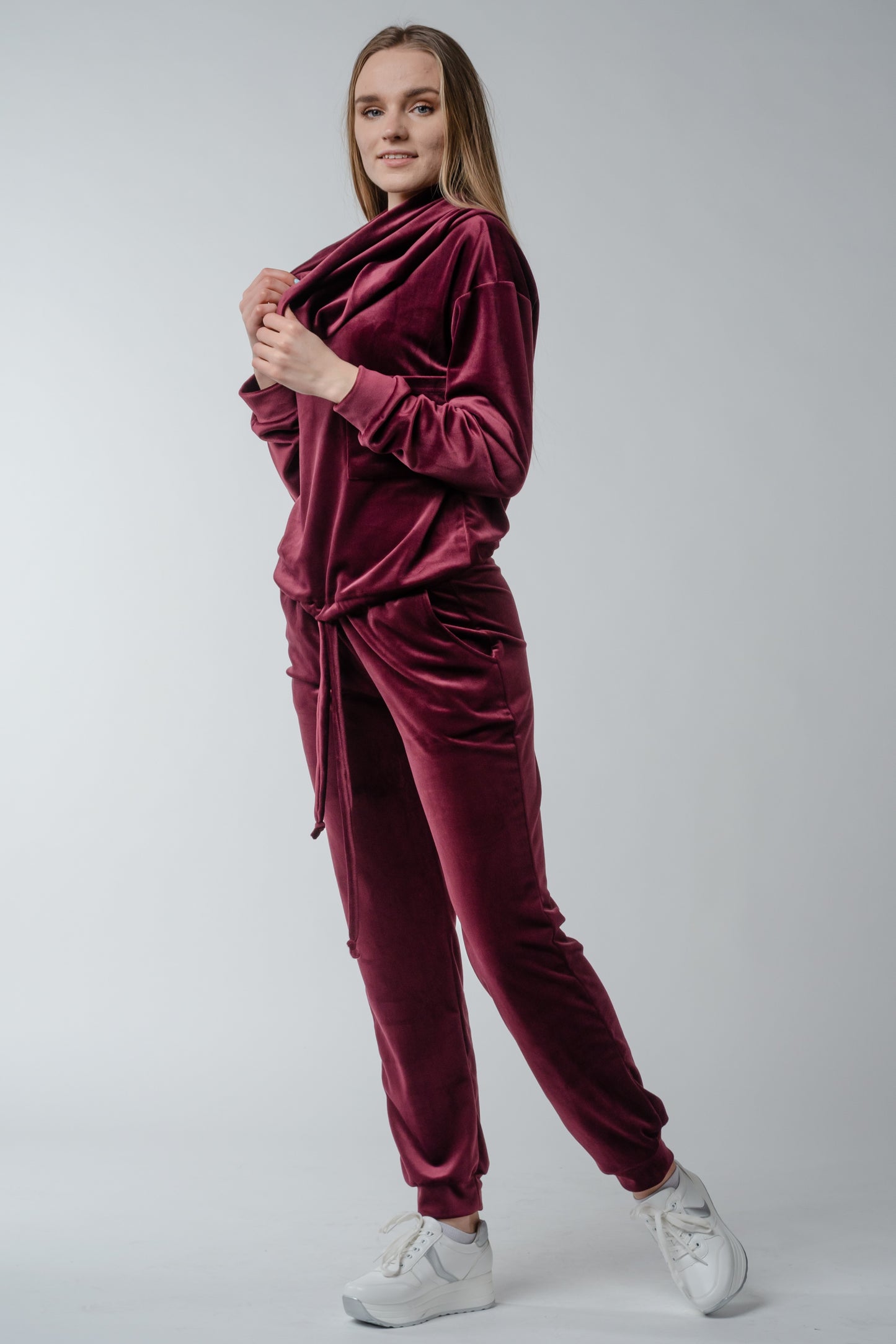 Dres welurowy damski komplet bluza opuszczany na ramionach + spodnie bordowy S54