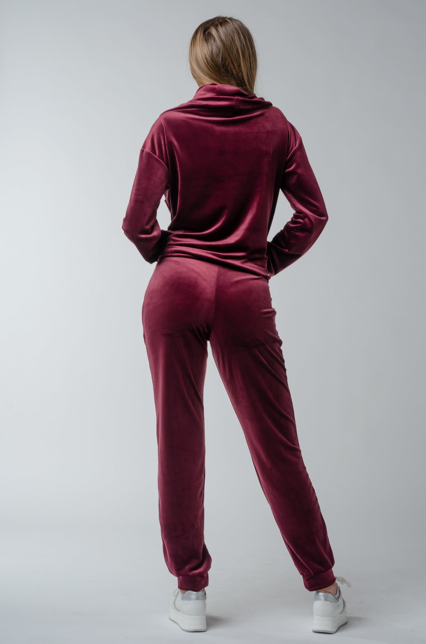 Dres welurowy damski komplet bluza opuszczany na ramionach + spodnie bordowy S54