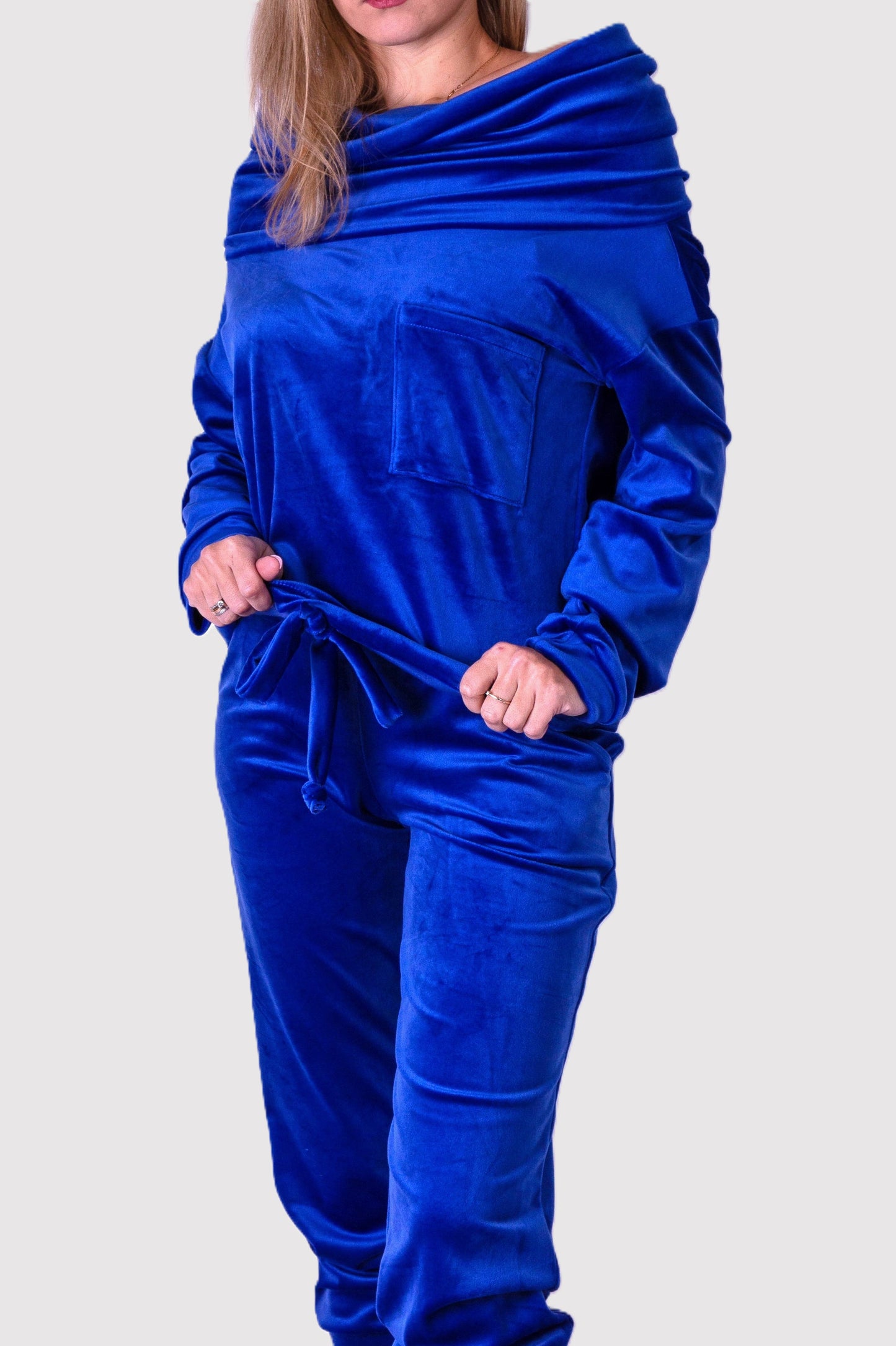 Dres welurowy damski komplet bluza opuszczany na ramionach + spodnie chabrowy S54
