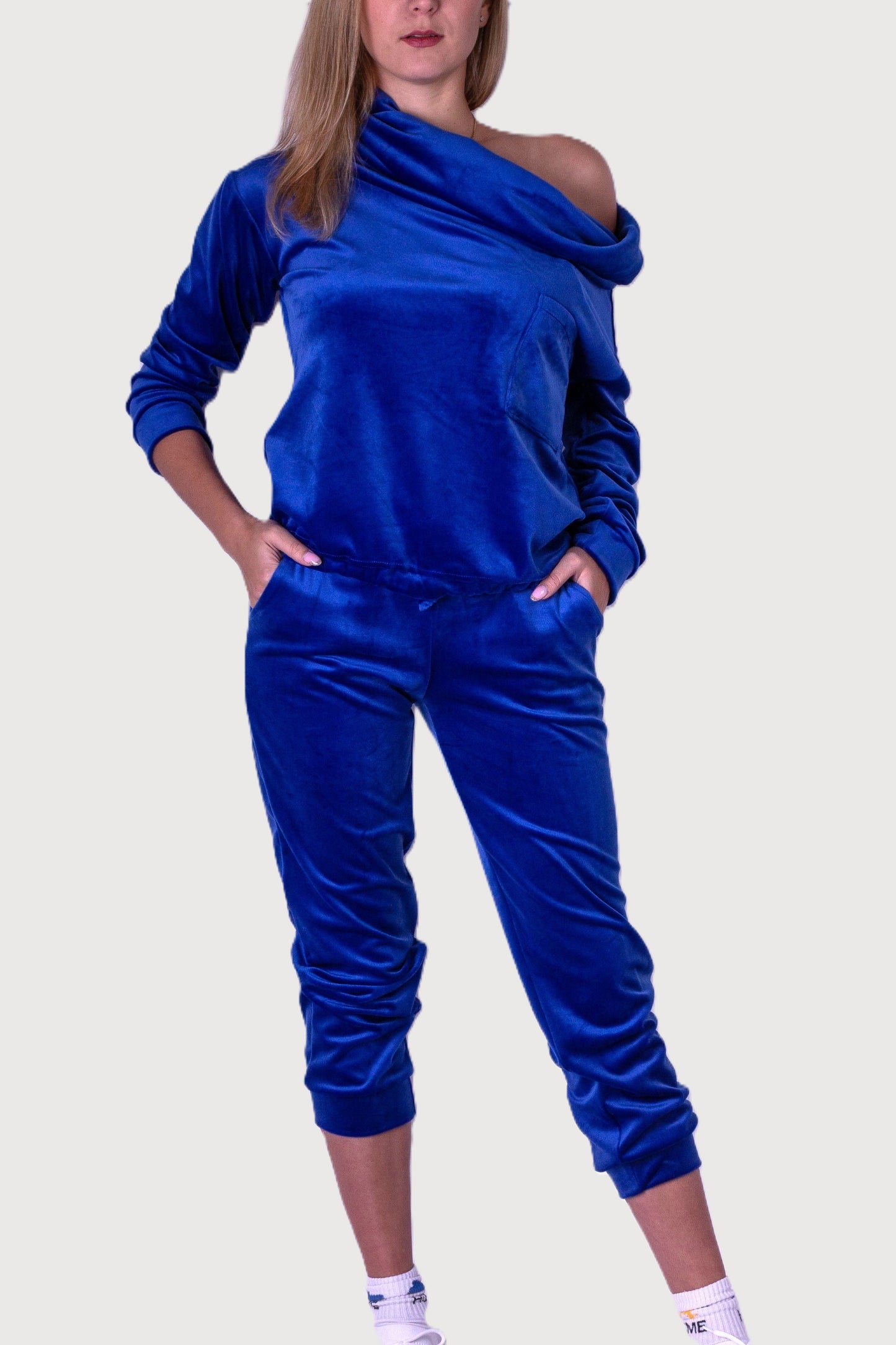 Dres welurowy damski komplet bluza opuszczany na ramionach + spodnie chabrowy S54