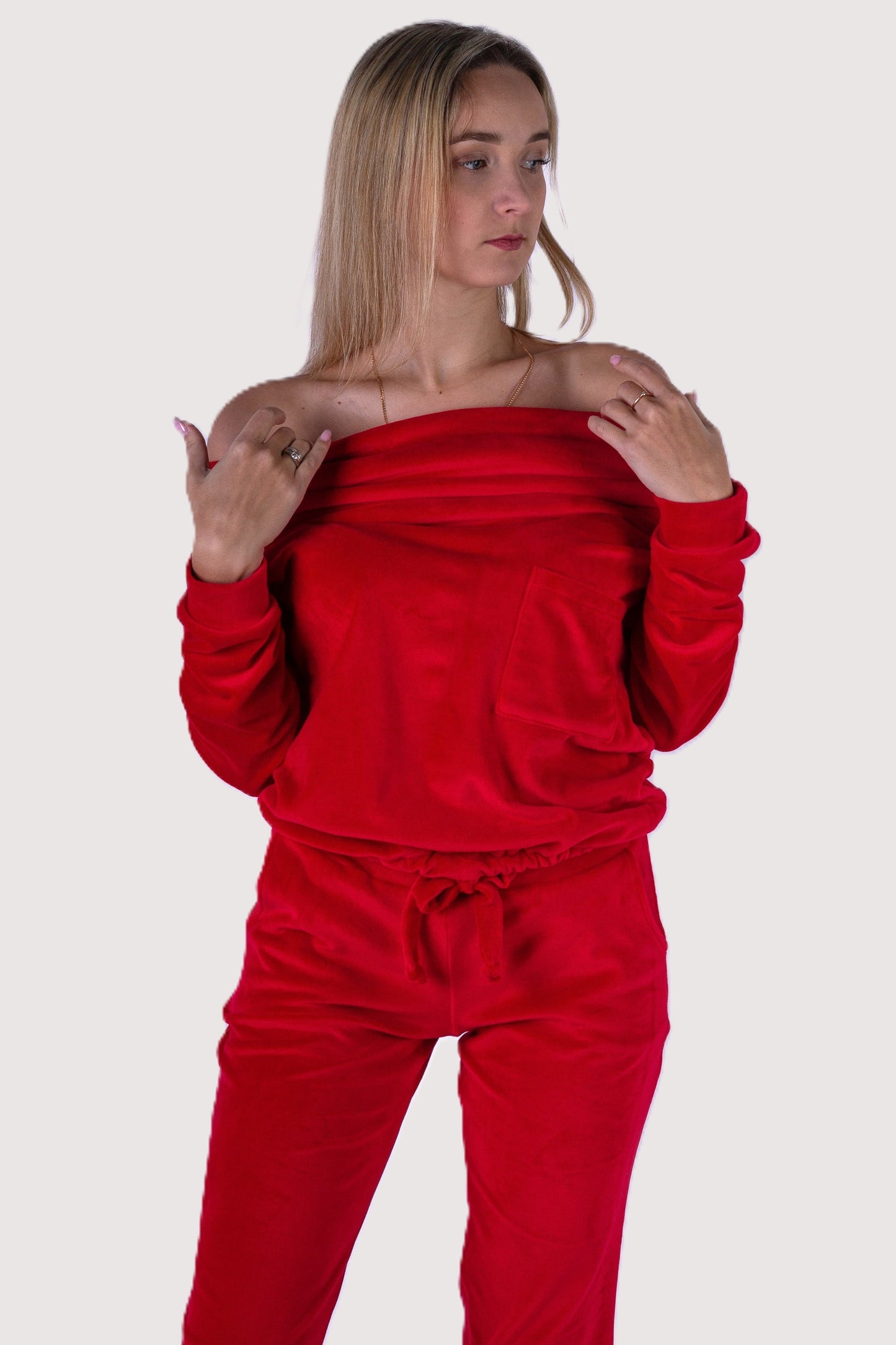 Dres welurowy damski komplet bluza opuszczany na ramionach + spodnie czerwony S54