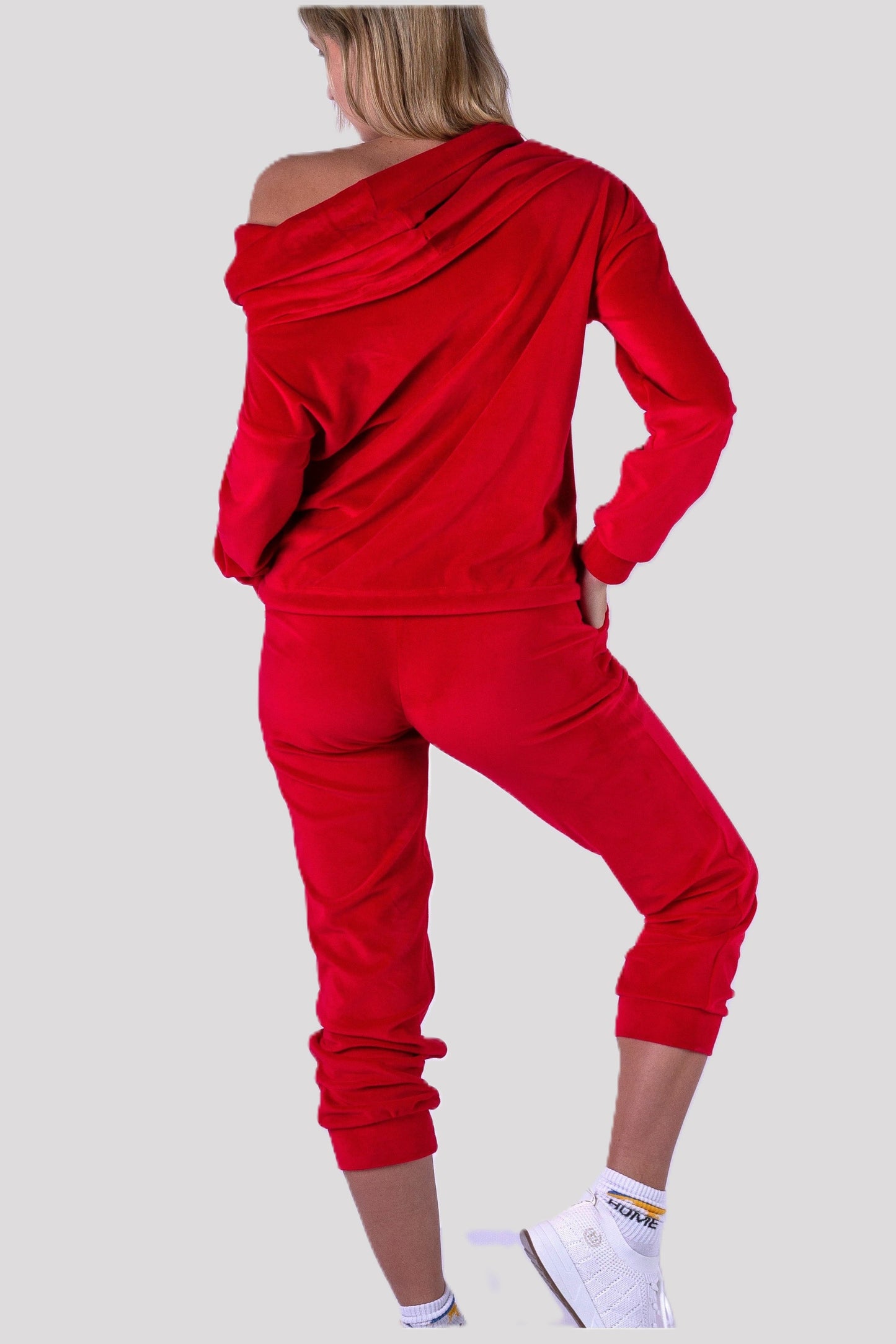 Dres welurowy damski komplet bluza opuszczany na ramionach + spodnie czerwony S54