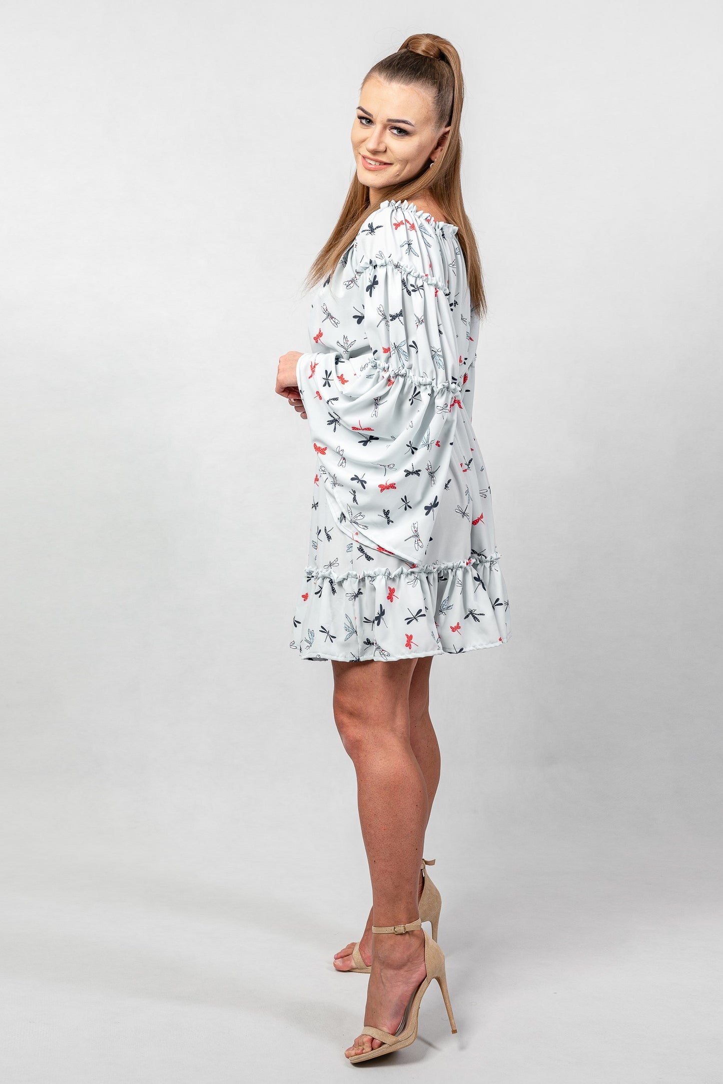 Sukienka hiszpanka z falbankami w print S162