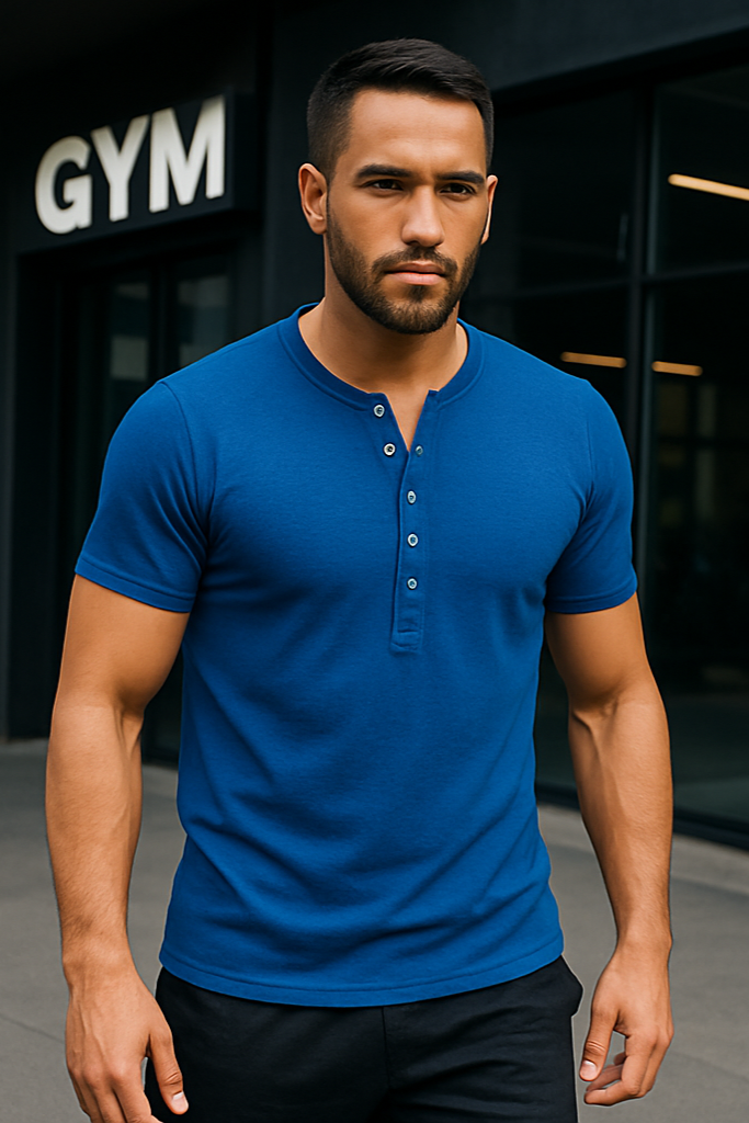 T-shirt meski na guziki Henley niebeski dannycompl 5