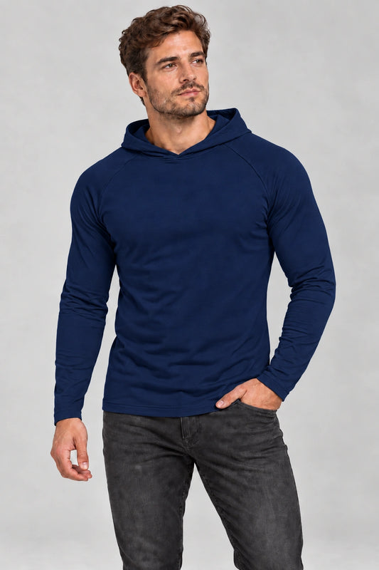 Longsleeve męski DANNY królewski granat z kapturem – przód