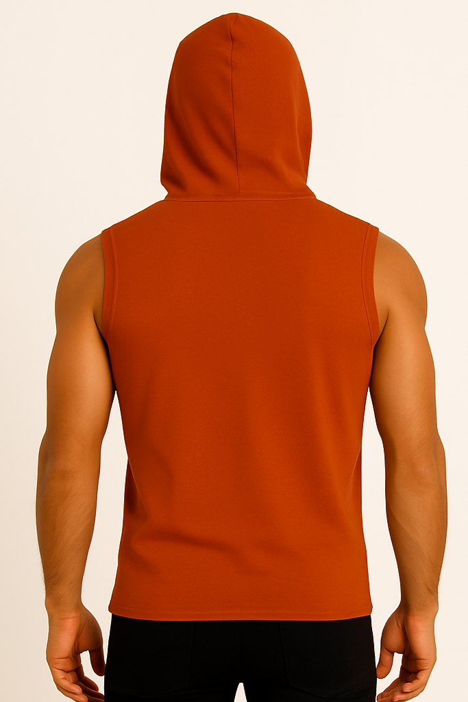 T-shirt męski z kapturem dekolt guziki brązowy