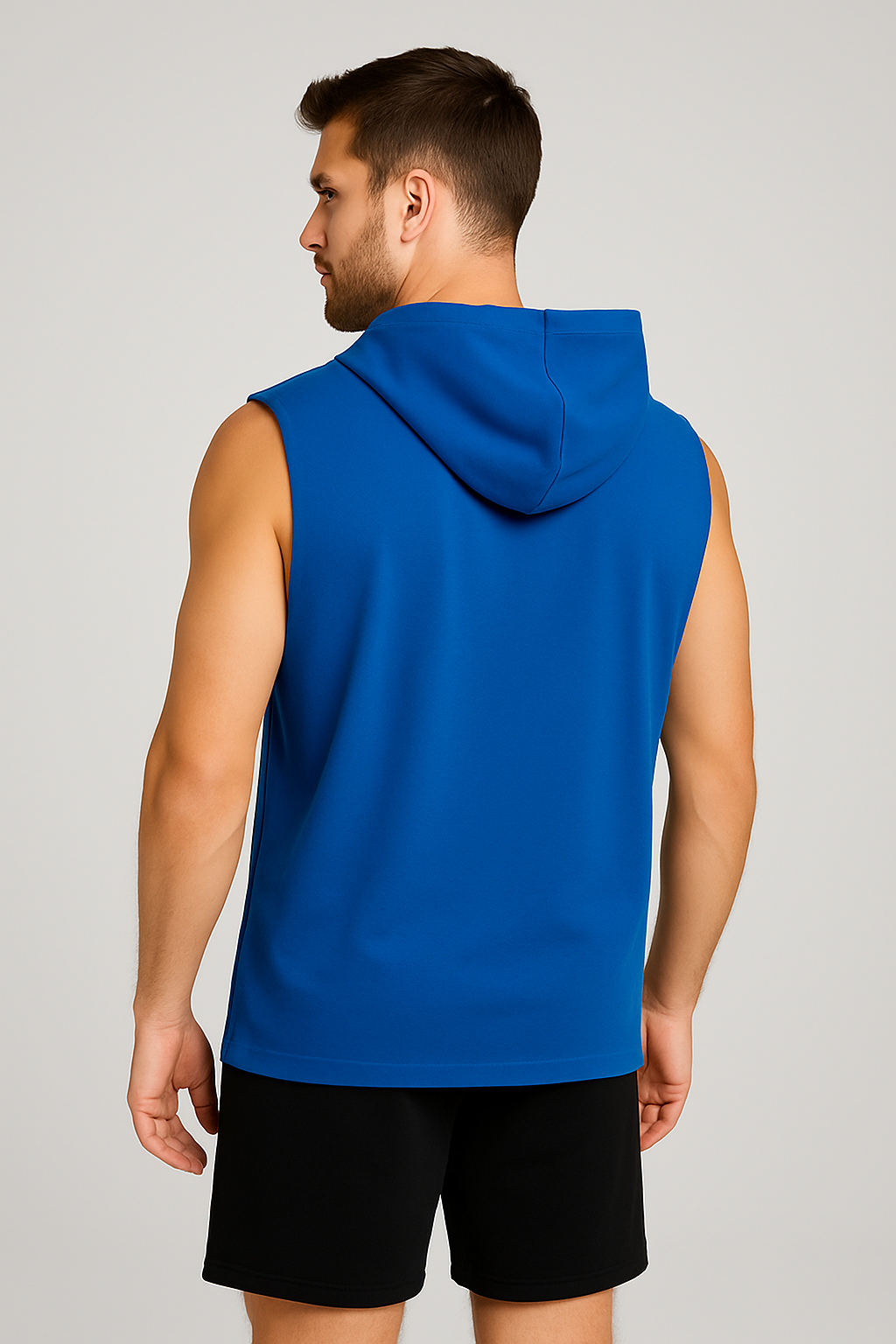 Męski T-shirt Bez Rękawów z Kapturem Niebieski