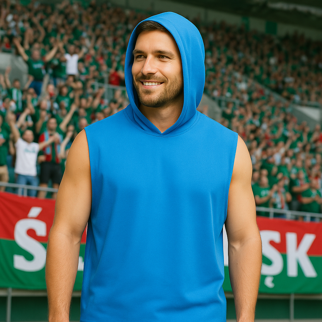 Męski T-shirt Bez Rękawów z Kapturem Niebieski