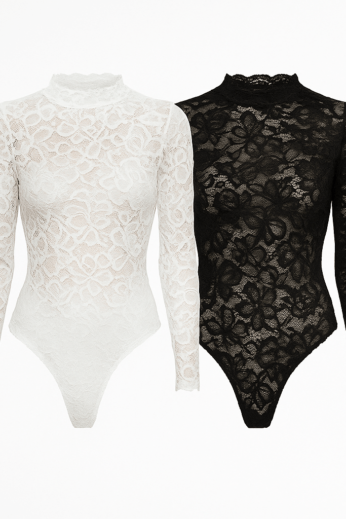 Koronkowe Body Damskie Białe Długi Rękaw Eleganckie BLANCÉ S127 - DANNY