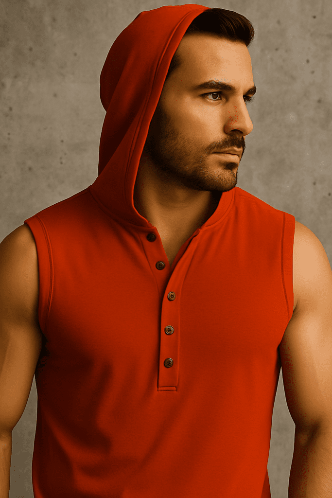 T-shirt bez rękawów z kapturem na guziki czerwony W5512 - DANNY