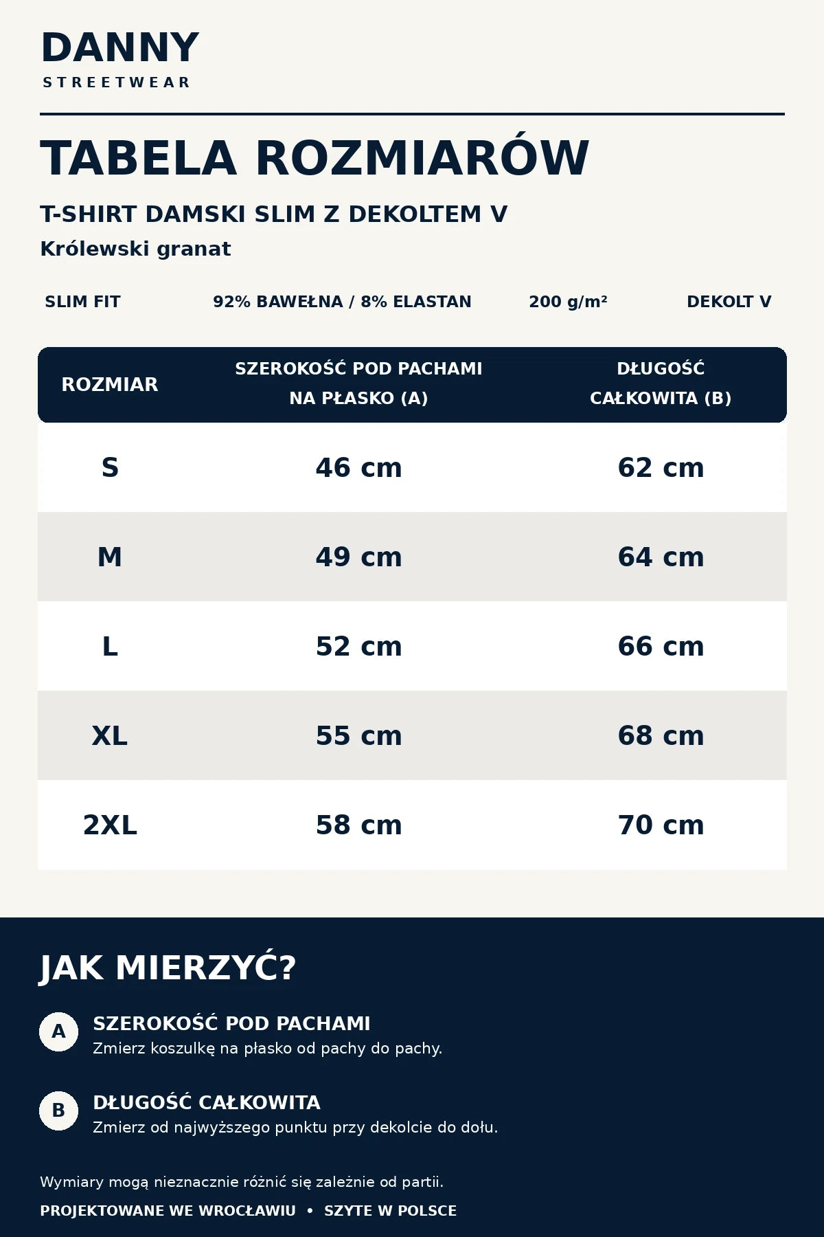 Tabela rozmiarów T-shirt damski DANNY Slim Fit z dekoltem V