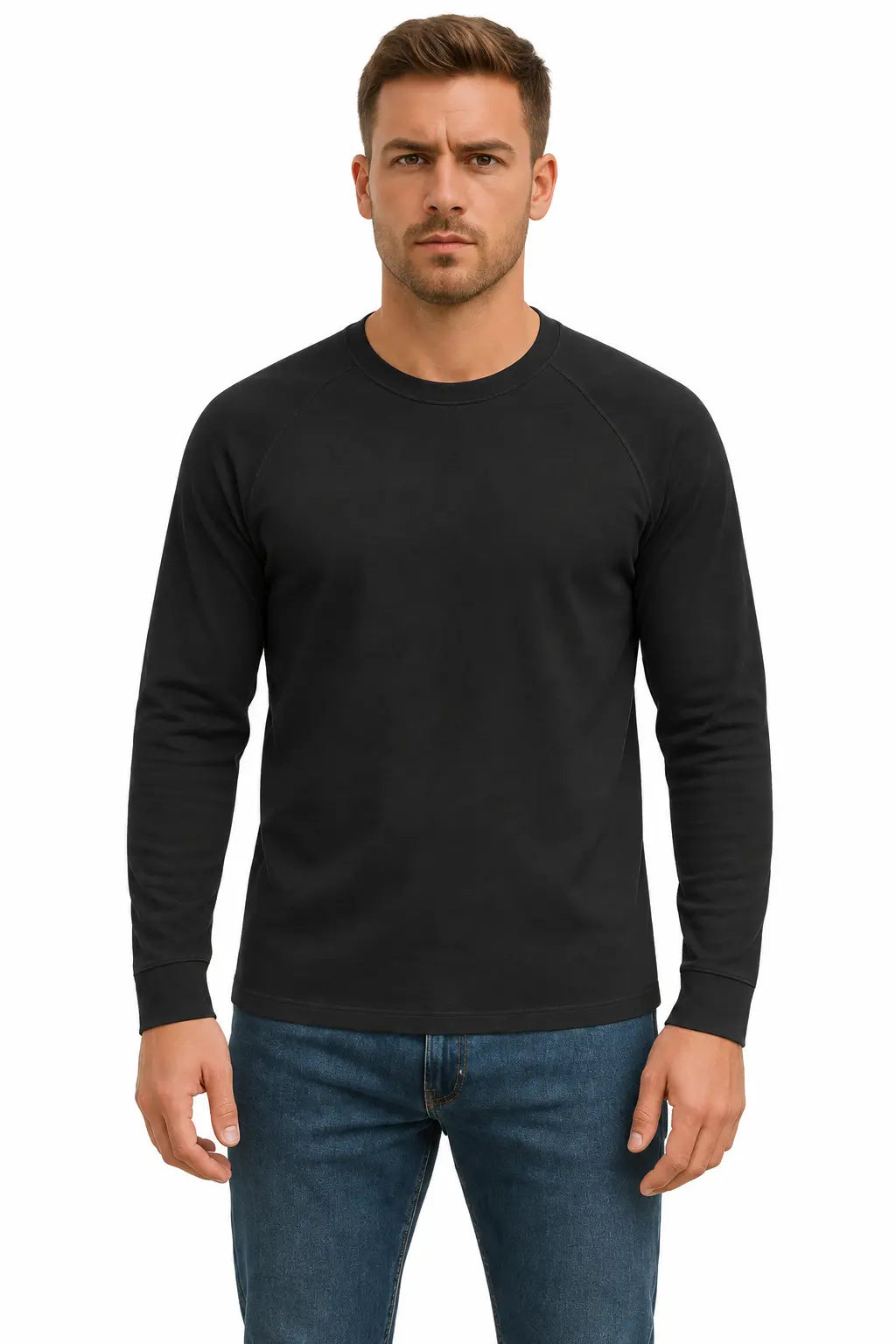 Czarny longsleeve męski z okrągłym dekoltem i rękawami raglanowymi – przód DANNY