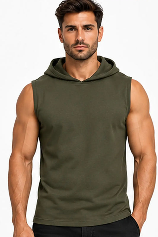 T-shirt męski bez rękawów z kapturem Olive2 DANNY – widok z przodu