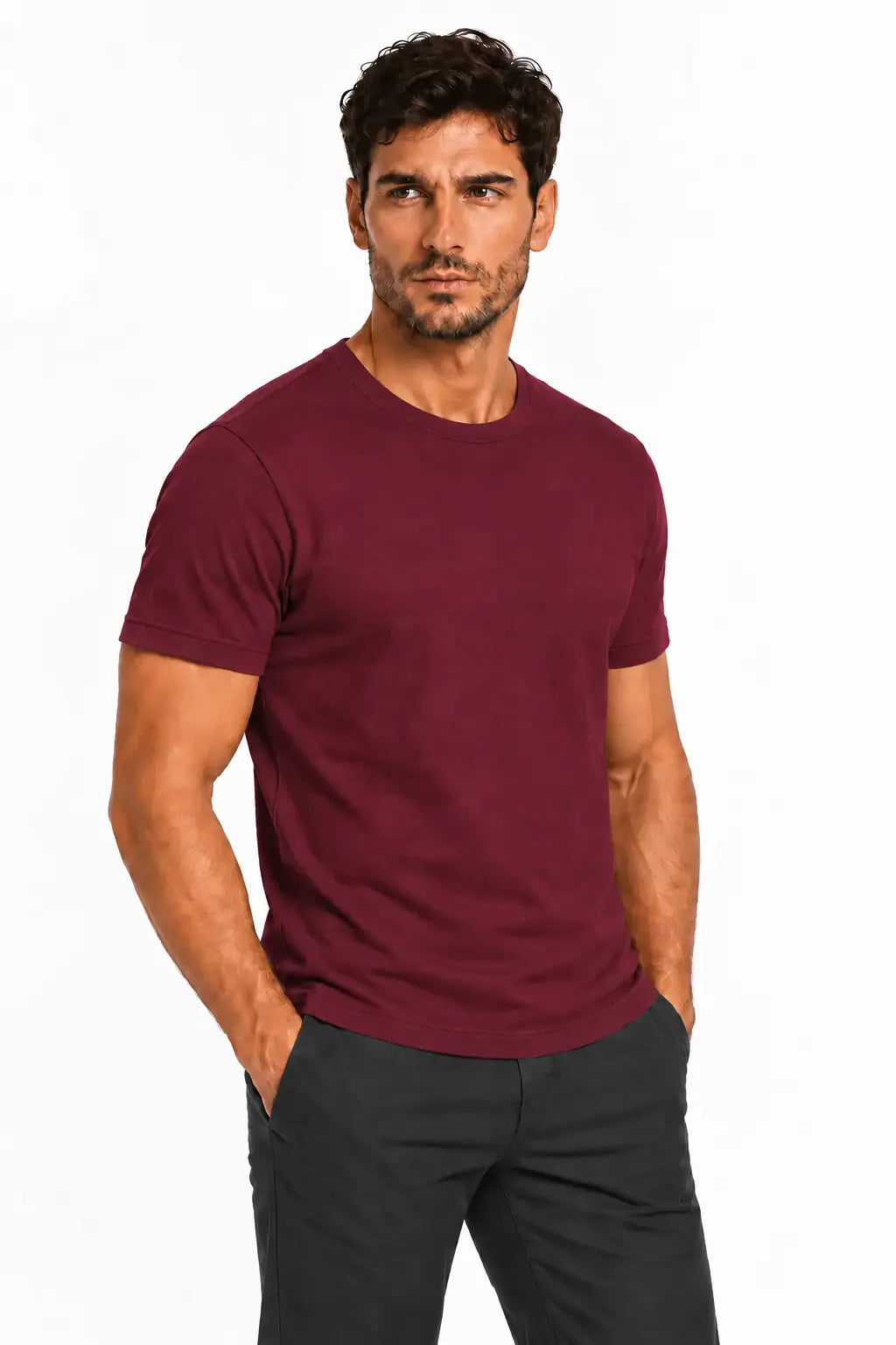 Bordowy T-shirt męski Basic Slim DANNY – półprofil