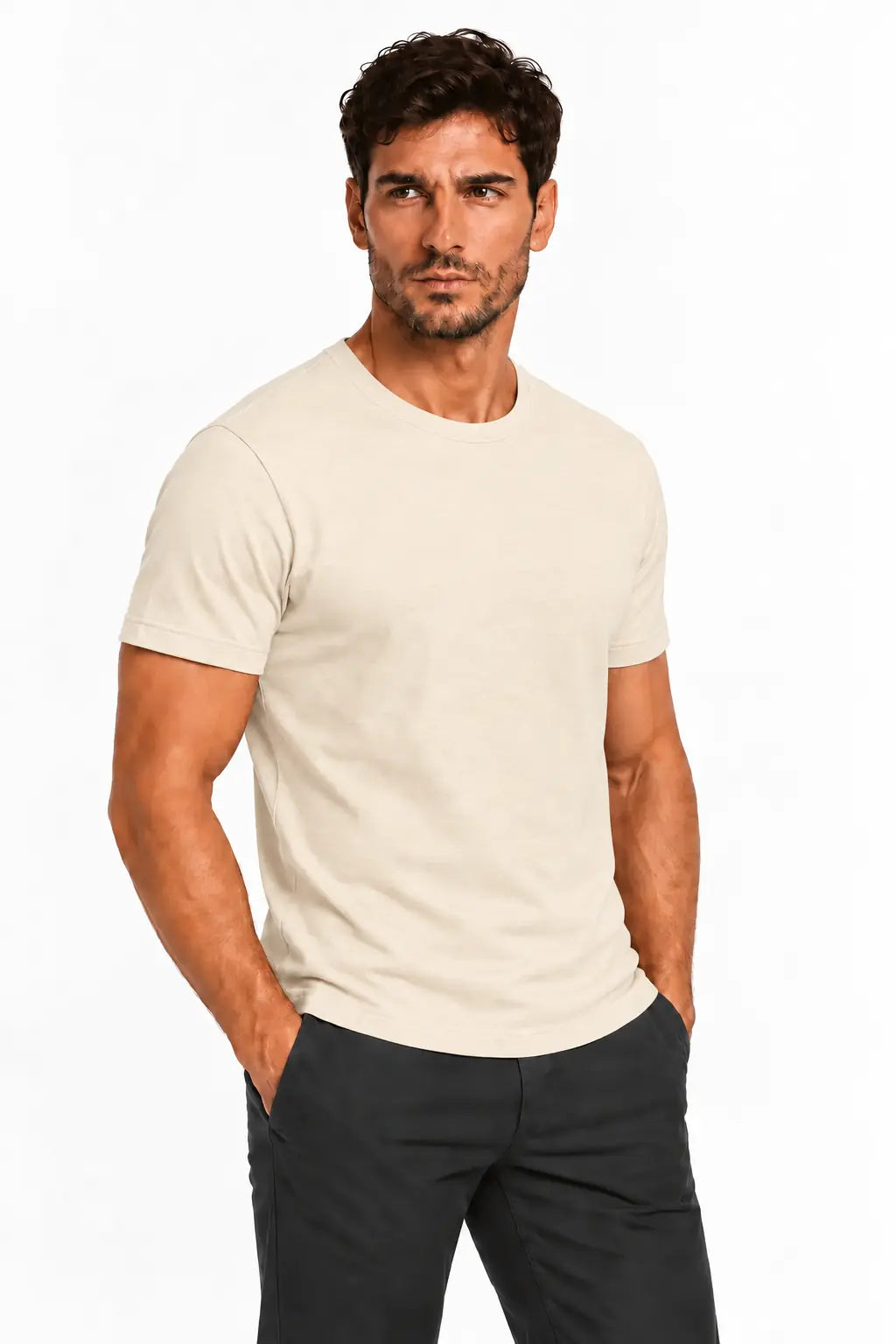T-shirt męski Basic Slim ECRU DANNY – półprofil
