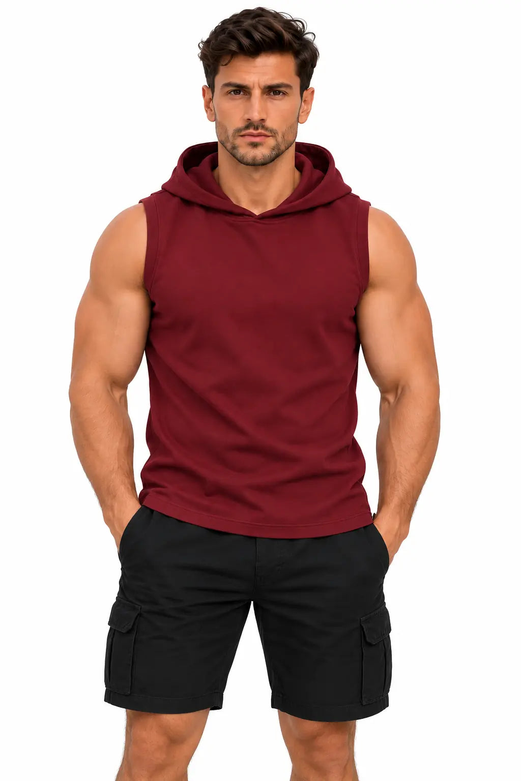 T-shirt męski bez rękawów z kapturem bordowy W5505 DANNY – przód