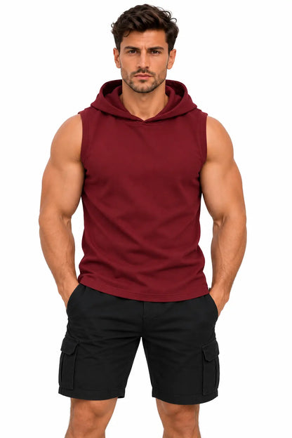T-shirt męski bez rękawów z kapturem bordowy W5505 DANNY – przód