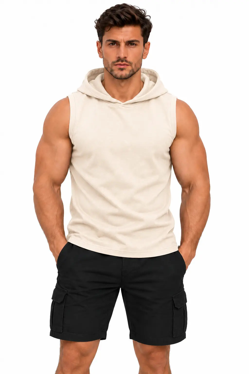 T-shirt męski bez rękawów z kapturem ECRU W5505 DANNY – przód