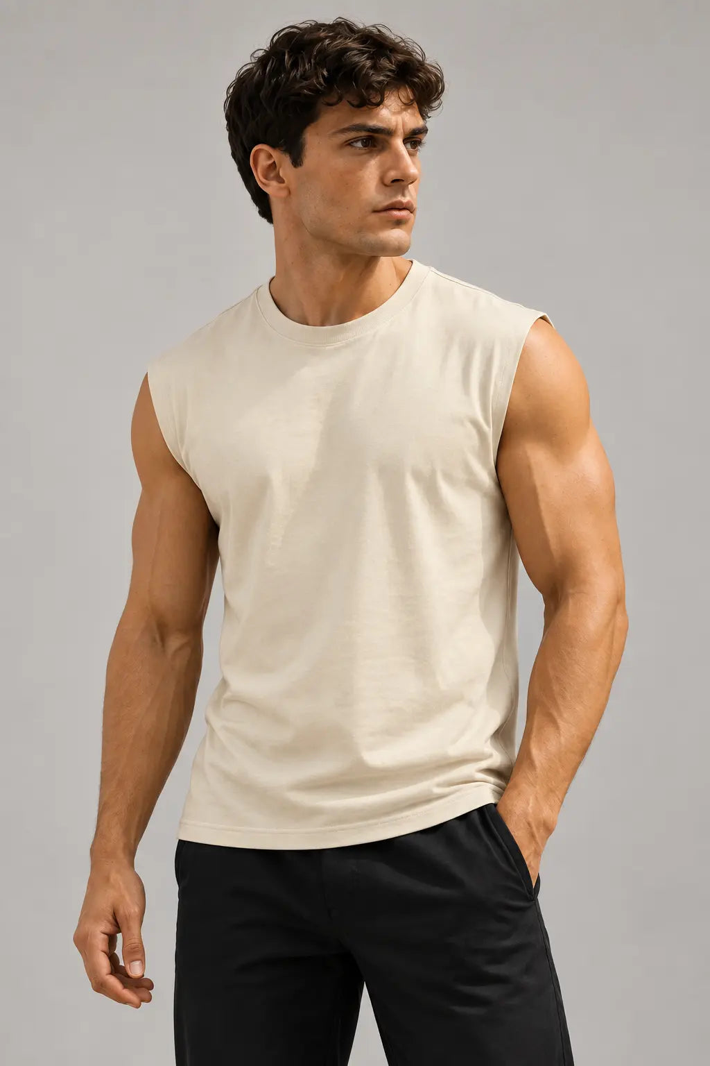 T-shirt męski Urban Muscle ecru bez rękawów – widok z przodu
