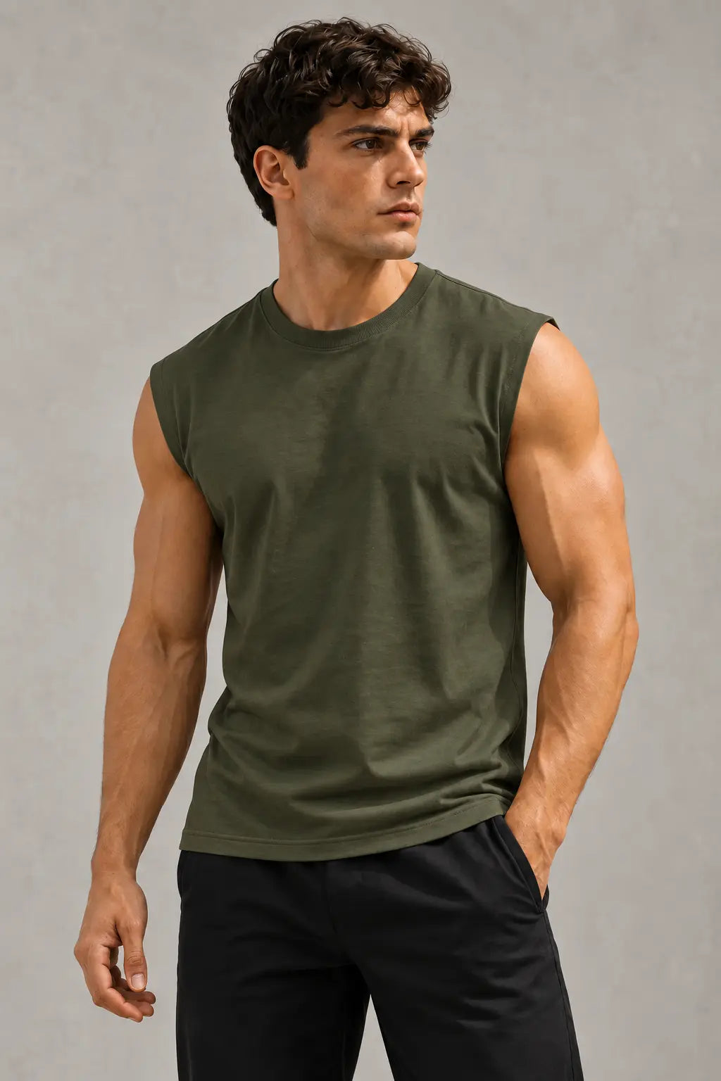 T-shirt męski Urban Muscle Olive2 bez rękawów – widok z przodu