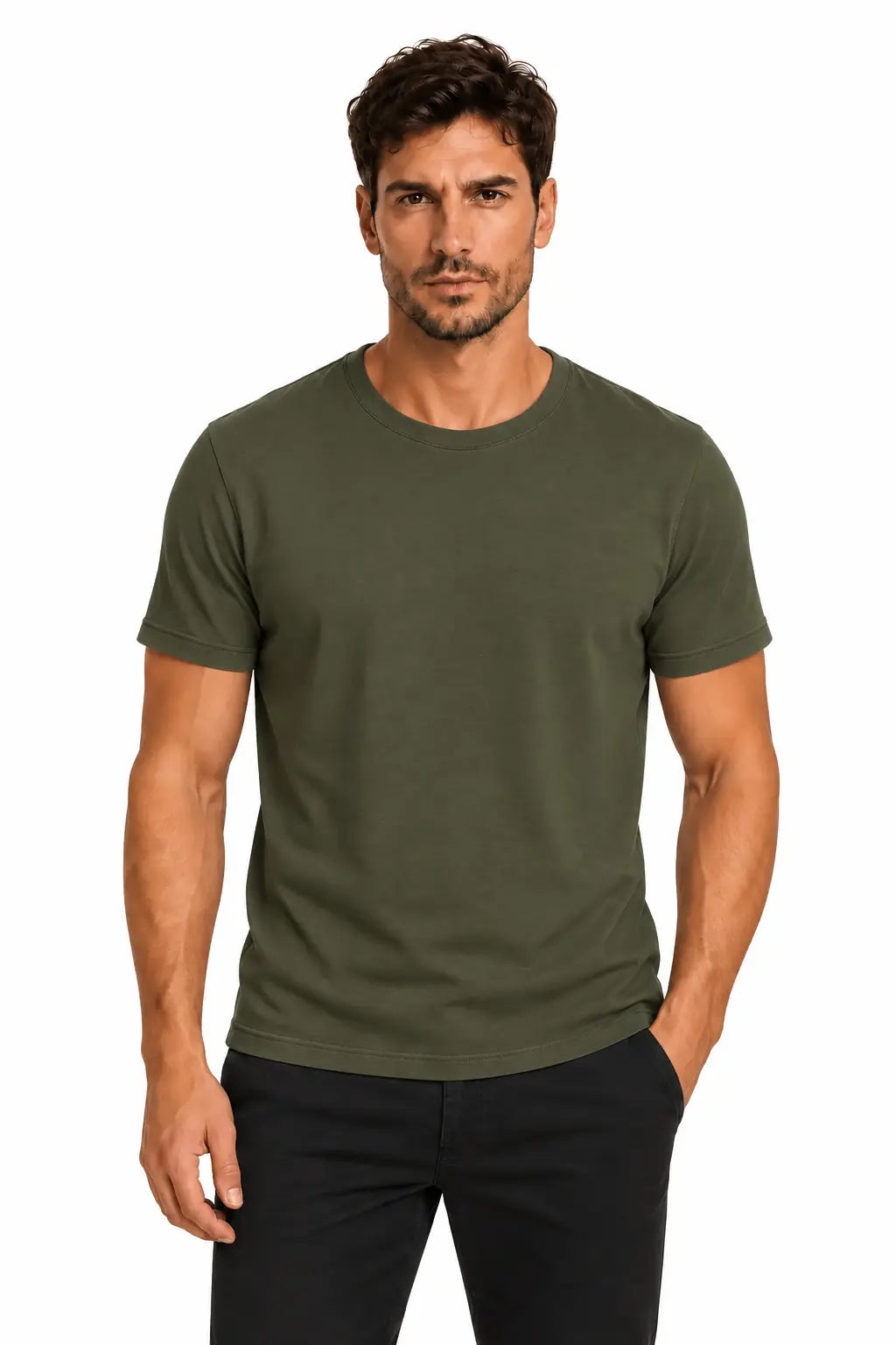 T-shirt męski Slim z okrągłym dekoltem Olive2 DANNY – przód