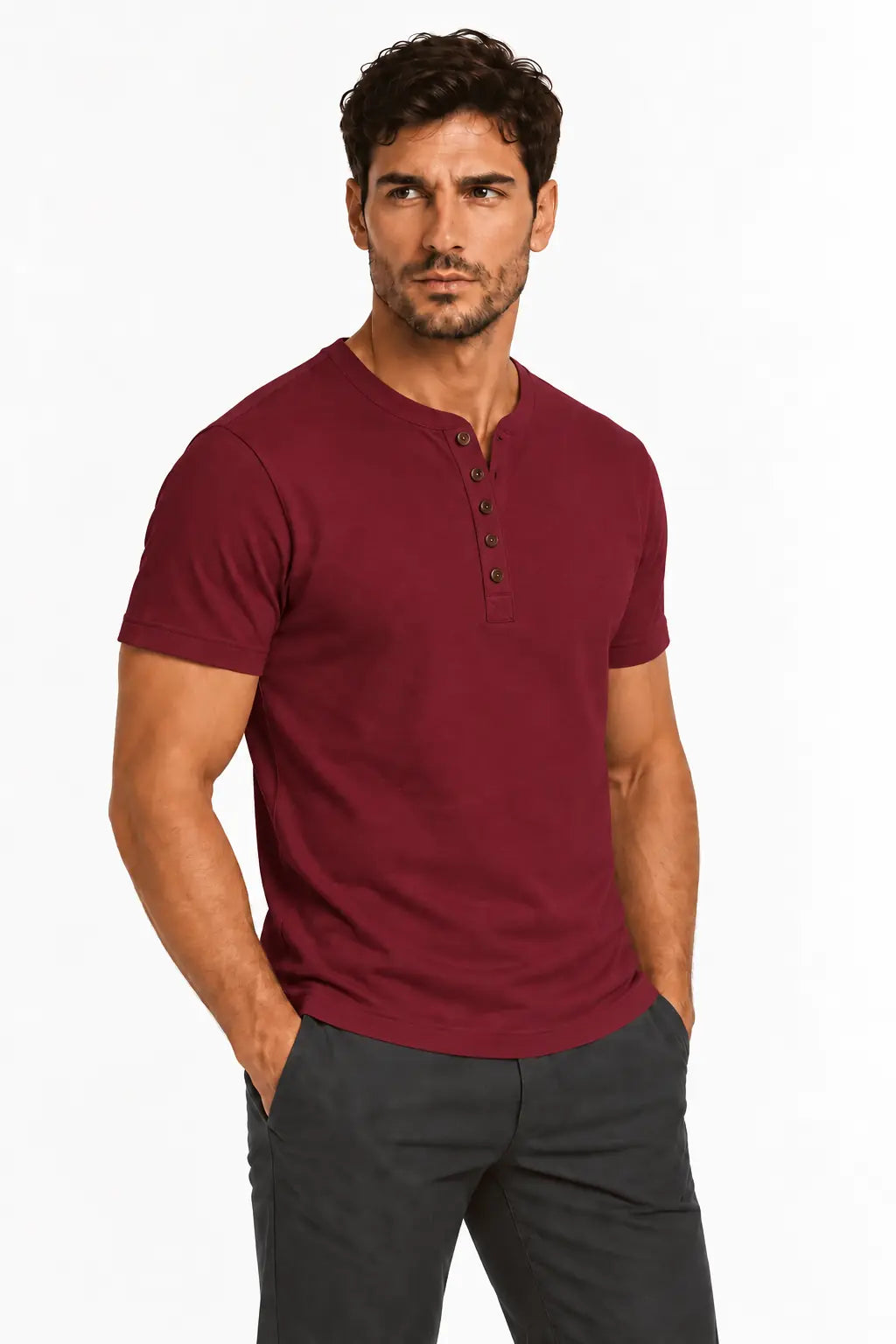 Bordowy T-shirt męski Henley W5504 DANNY – półprofil