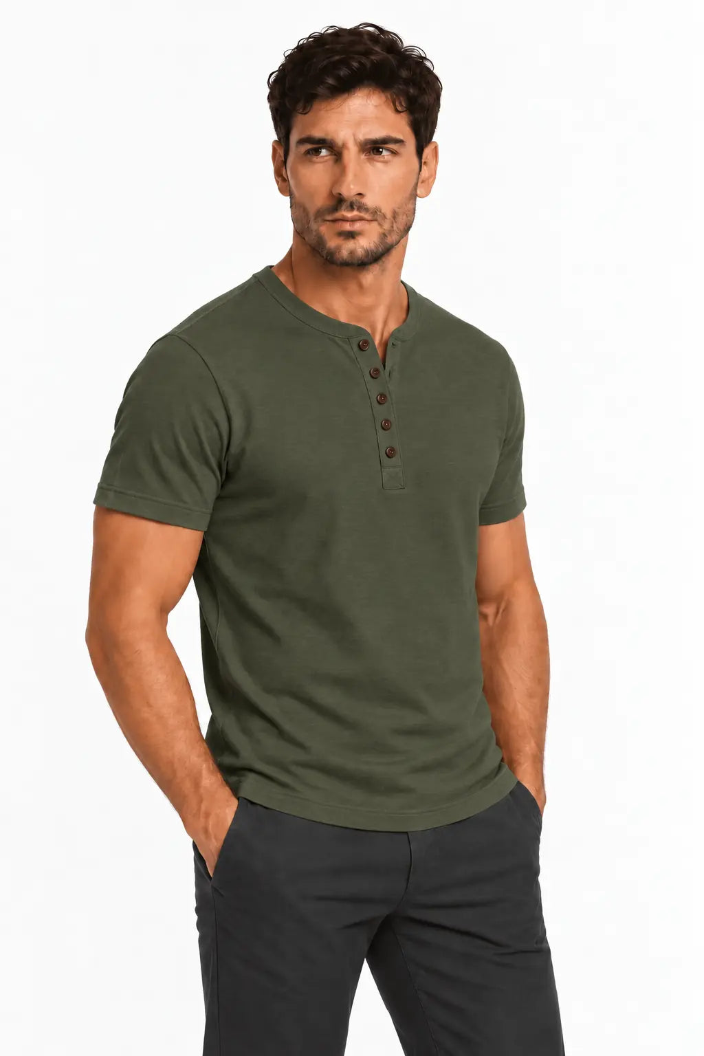 T-shirt męski Henley Olive2 W5504 DANNY – swobodny półprofil