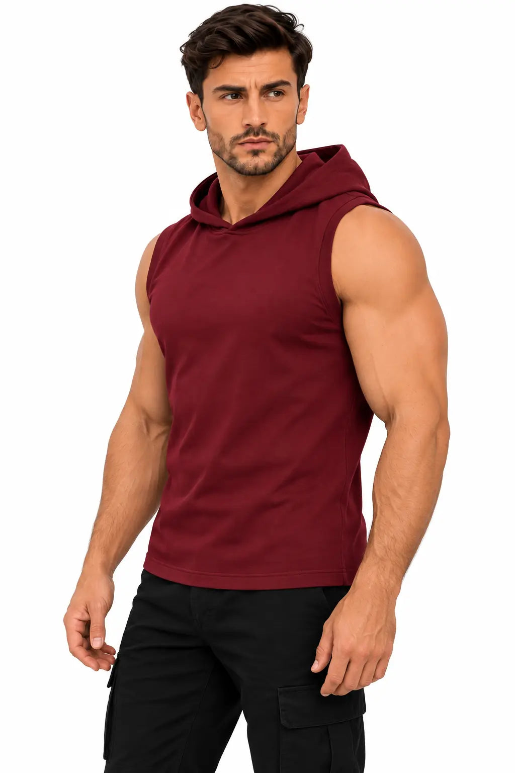 Bordowy T-shirt męski z kapturem W5505 DANNY – półprofil