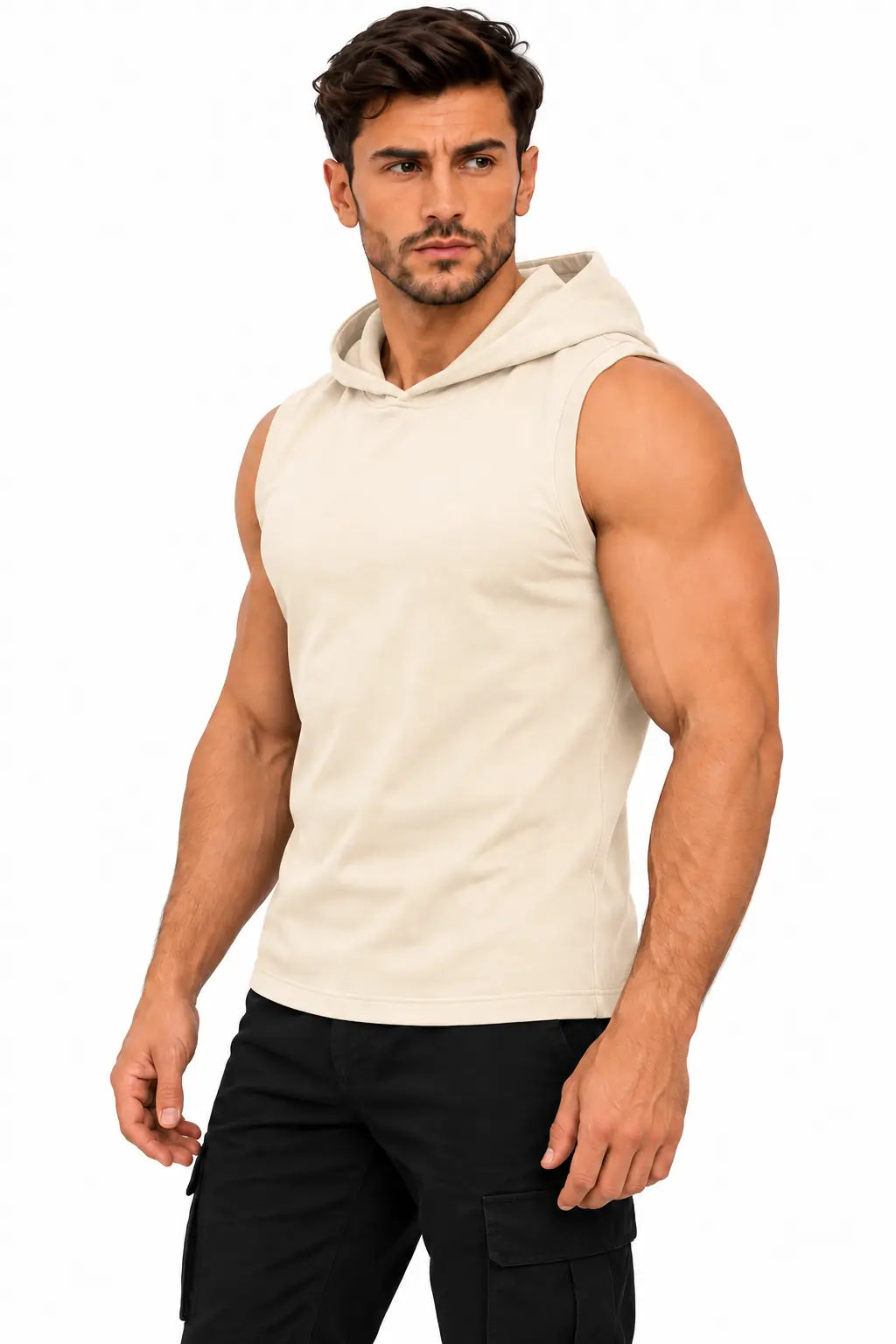 T-shirt męski z kapturem ECRU W5505 DANNY – półprofil