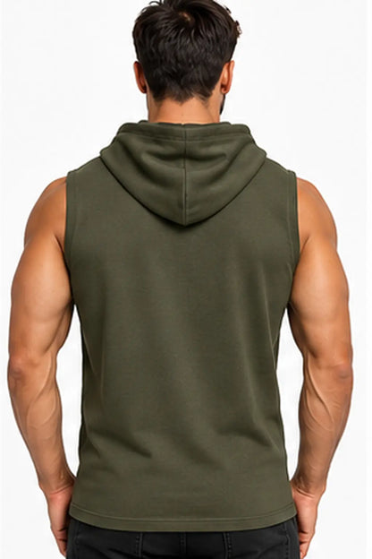 T-shirt męski bez rękawów z kapturem Olive2 DANNY – widok z tyłu