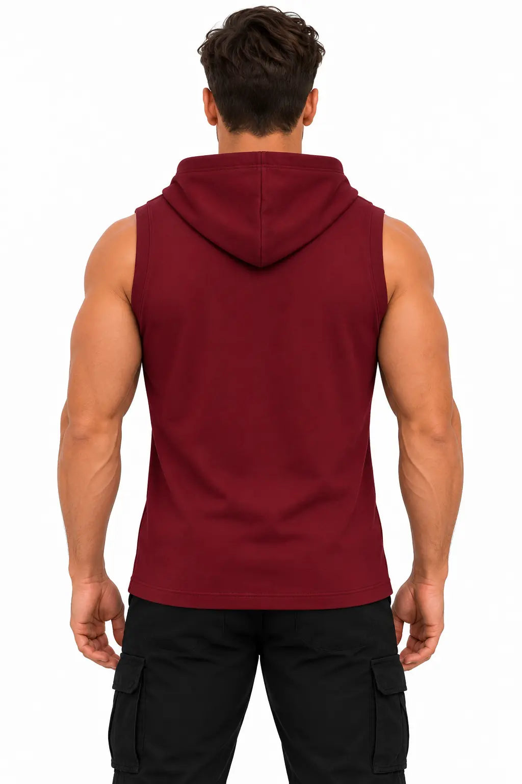 T-shirt męski bez rękawów z kapturem bordowy DANNY – widok z tyłu