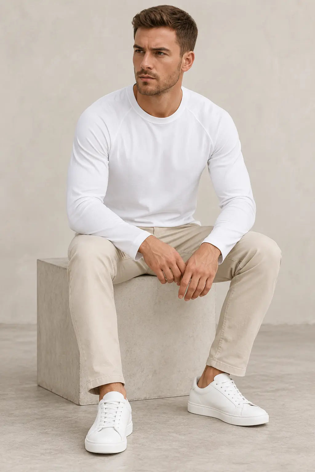 Biały longsleeve męski DANNY – naturalne ujęcie siedzące