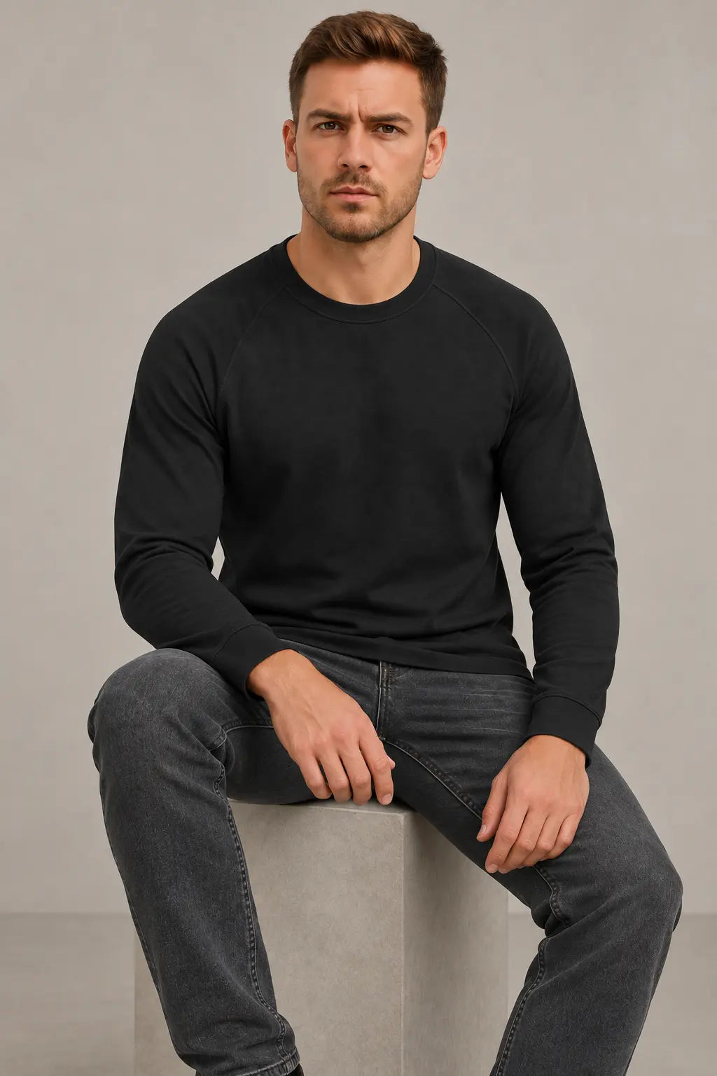Czarny longsleeve męski DANNY – naturalne ujęcie siedzące