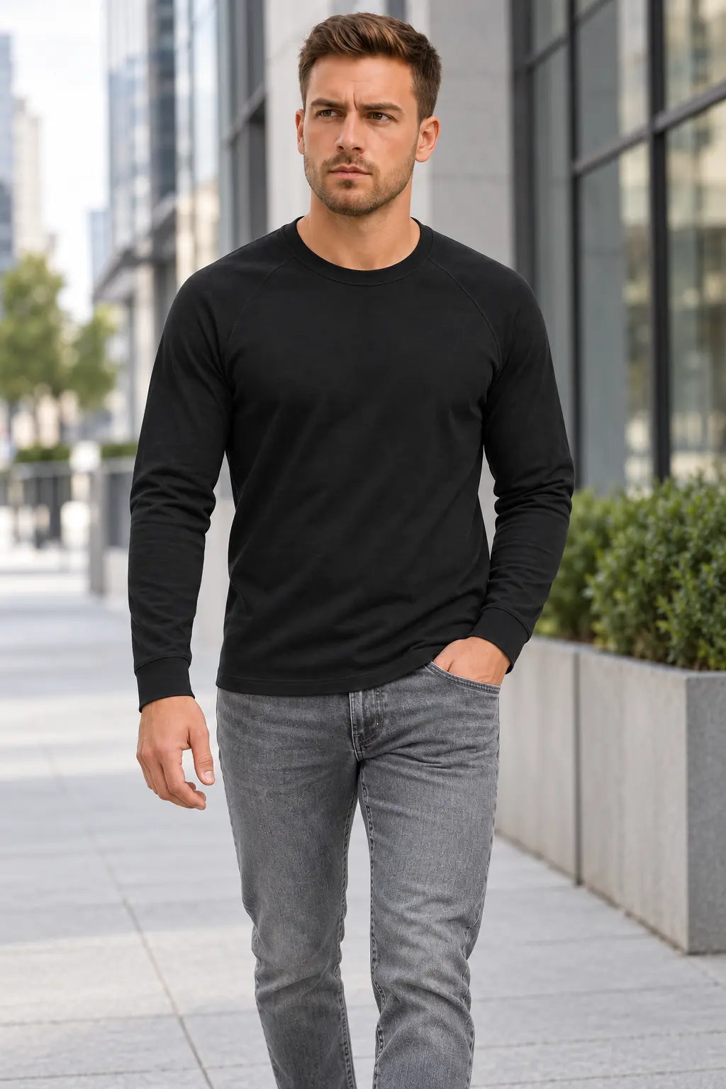 Longsleeve męski czarny z okrągłym dekoltem – miejski lifestyle DANNY