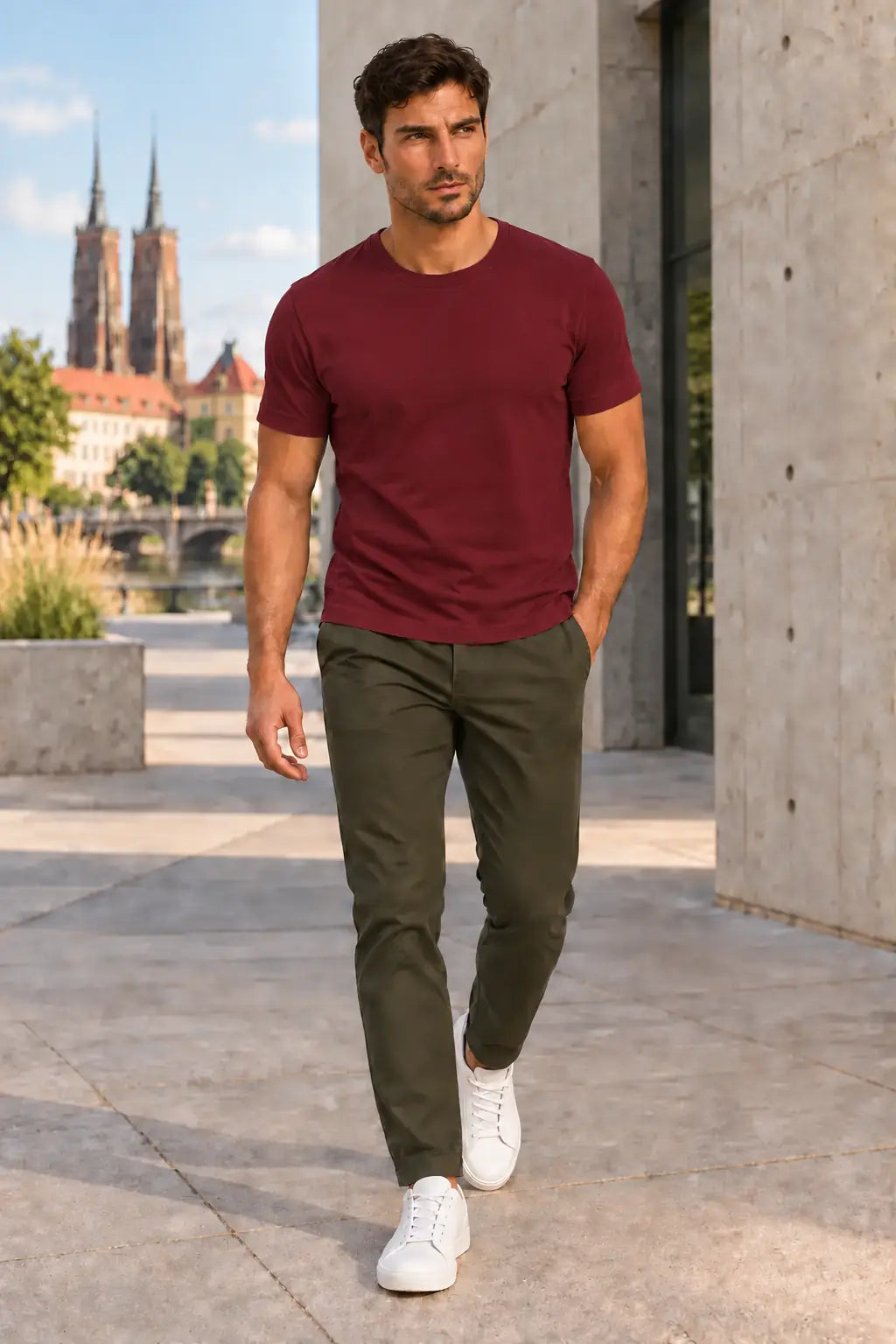 Bordowy T-shirt męski Basic Slim DANNY – stylizacja miejska