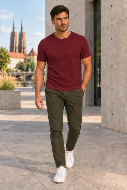 Bordowy T-shirt męski Basic Slim DANNY – stylizacja miejska