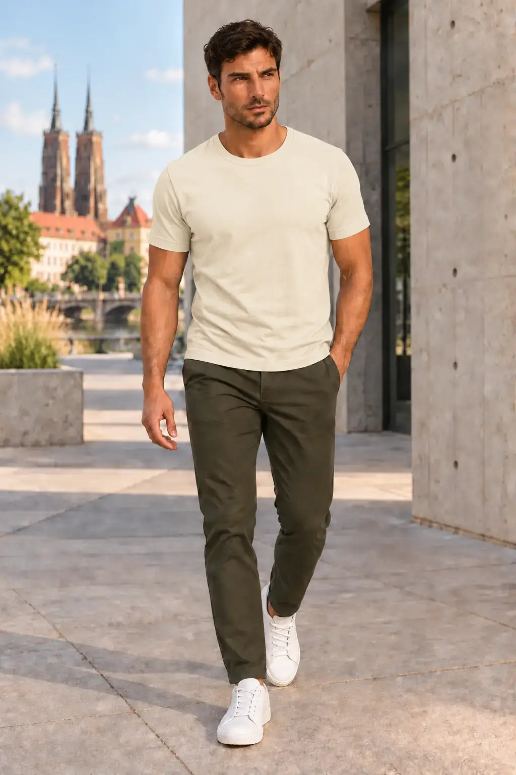 T-shirt męski Basic Slim ECRU DANNY – stylizacja miejska