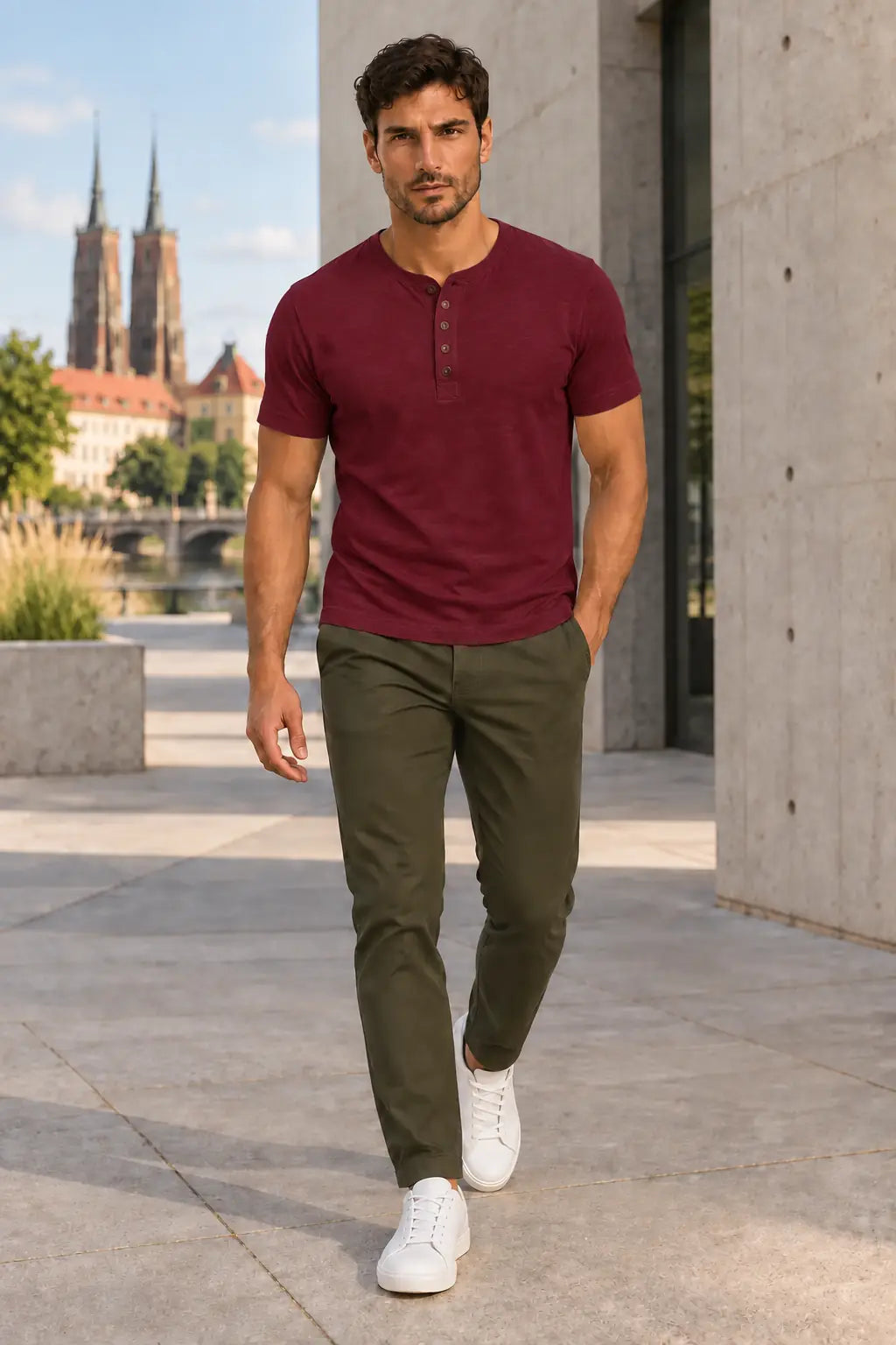 Bordowy T-shirt męski Henley DANNY W5504 – stylizacja miejska