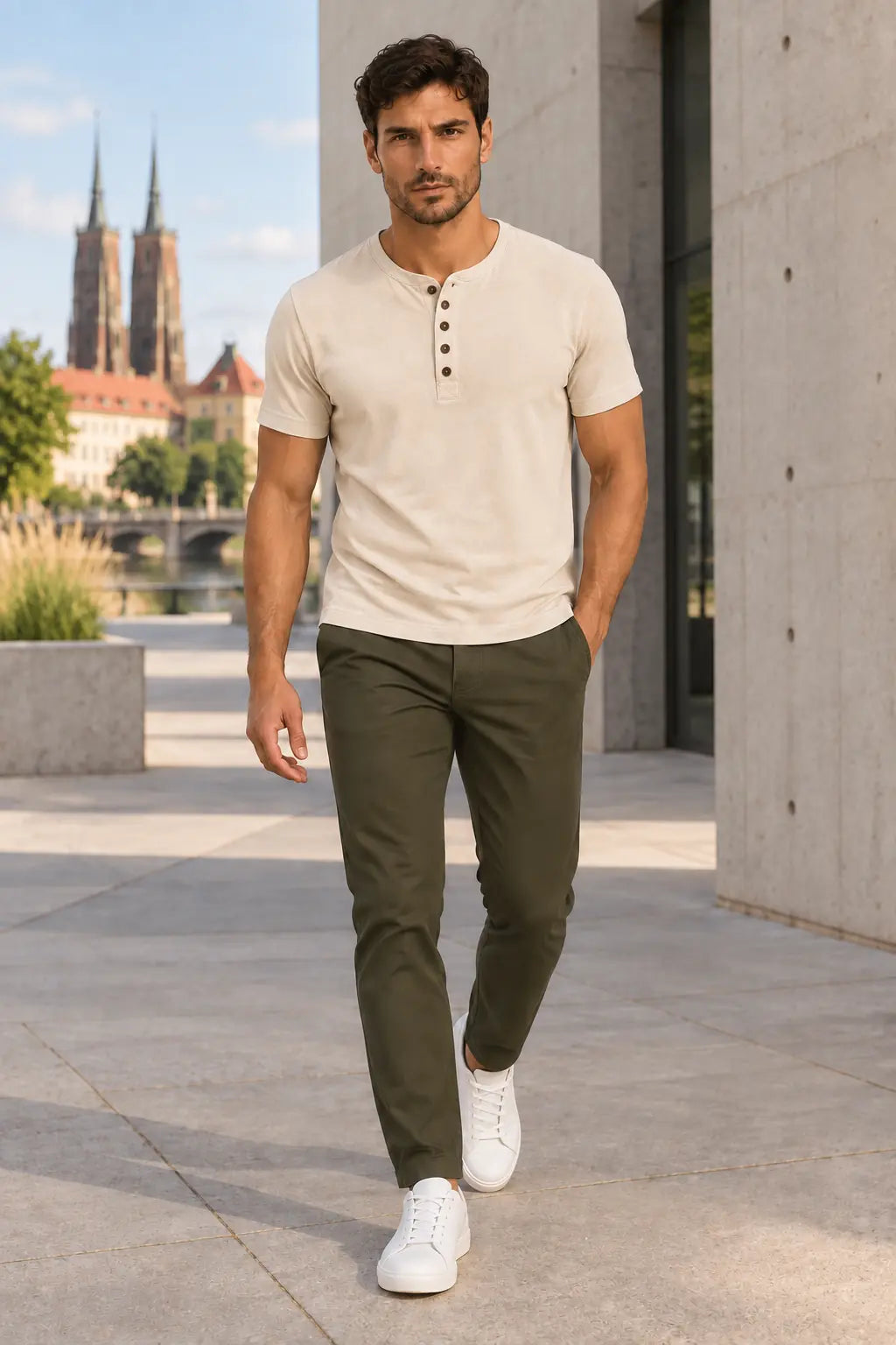 T-shirt męski Henley ECRU W5504 w stylizacji miejskiej – DANNY