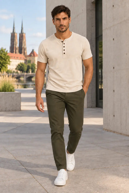 T-shirt męski Henley ECRU W5504 w stylizacji miejskiej – DANNY