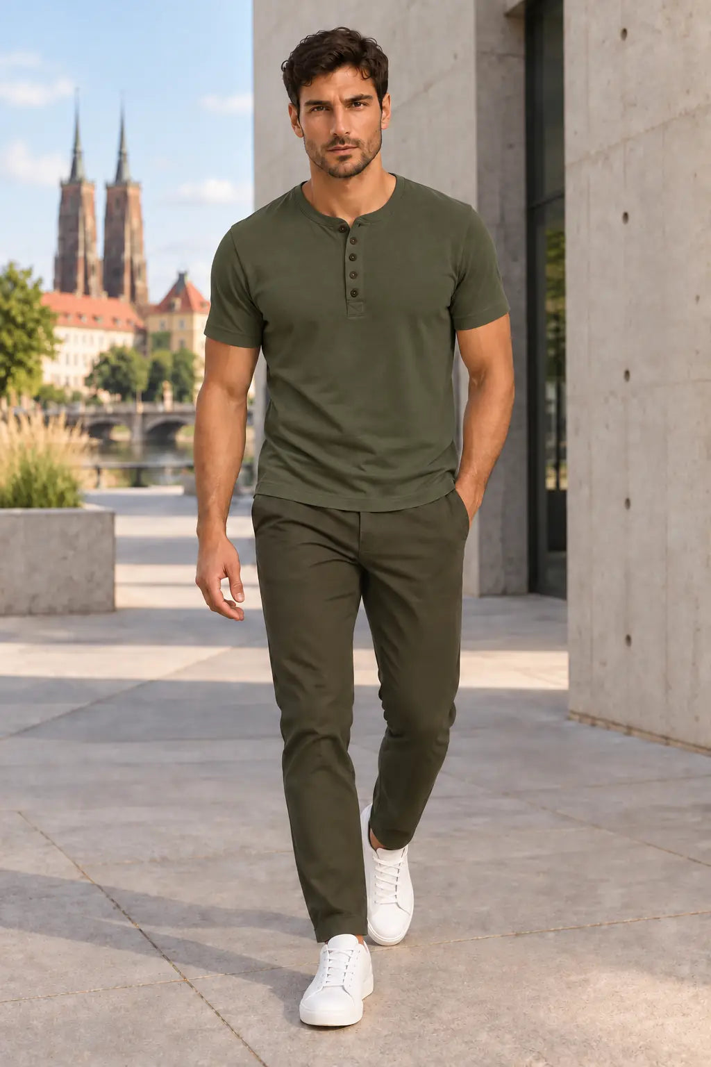 T-shirt męski Henley Olive2 DANNY W5504 – naturalna stylizacja miejska