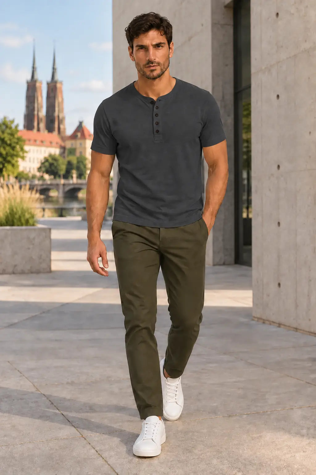 Antracytowy T-shirt męski Henley DANNY W5504 – stylizacja miejska