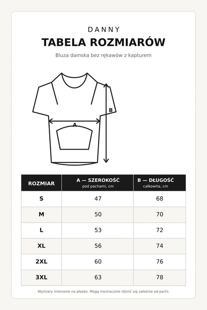Tabela rozmiarów białej bluzy damskiej bez rękawów z kapturem DANNY S–3XL