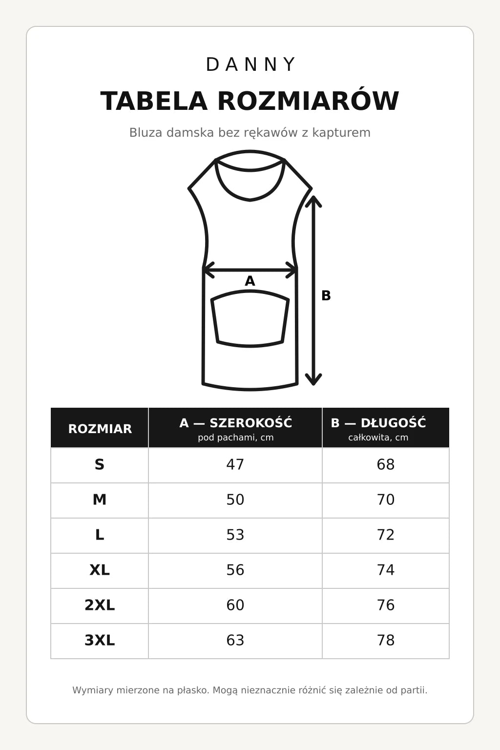Tabela rozmiarów czerwonej bluzy damskiej bez rękawów z kapturem DANNY S–3XL