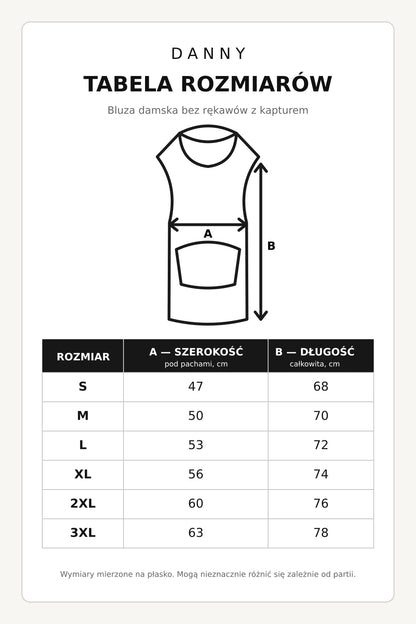 Tabela rozmiarów czerwonej bluzy damskiej bez rękawów z kapturem DANNY S–3XL