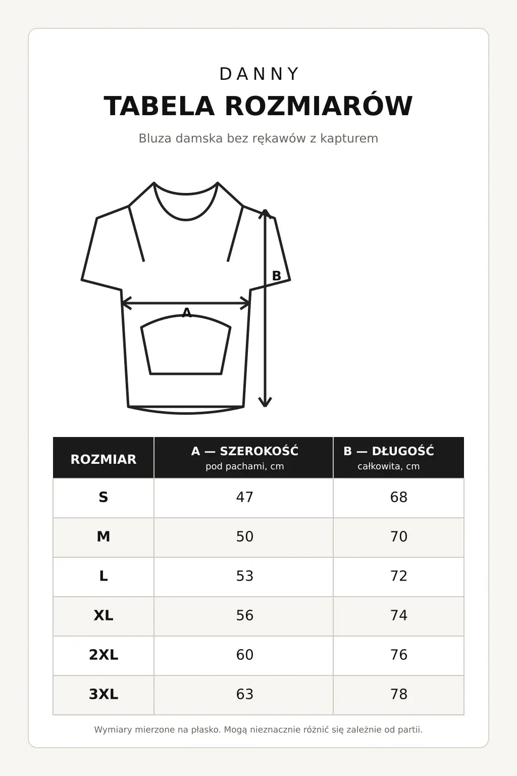 Tabela rozmiarów bluzy damskiej bez rękawów z kapturem DANNY S–3XL