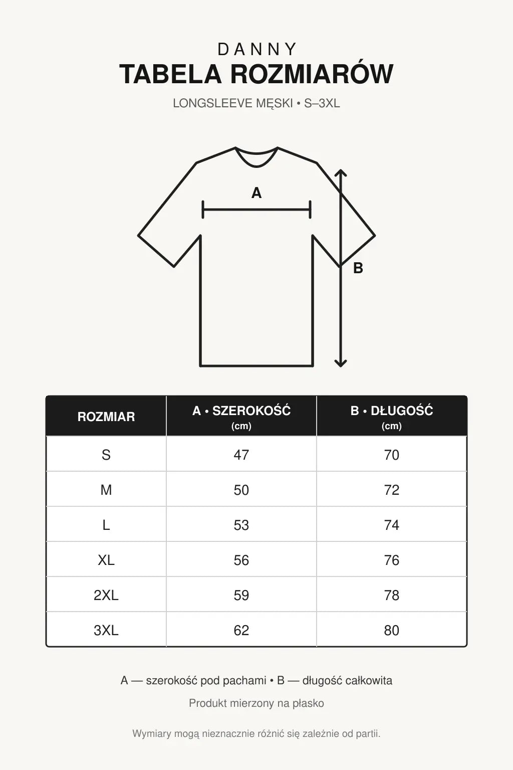 Tabela rozmiarów białego longsleeve’a męskiego DANNY S–3XL