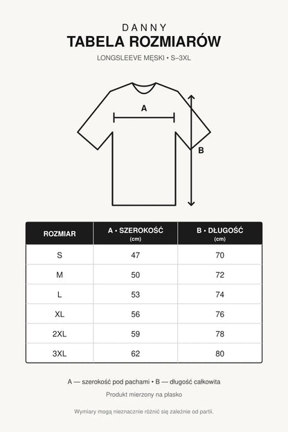 Tabela rozmiarów białego longsleeve’a męskiego DANNY S–3XL